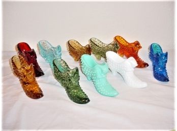 Group Of 10 Colored Hobnail Glass Slippers By Fenton  (392)
