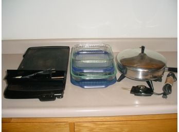 Farberware Electric Fry Pan, 3 Pyrex Pans/2 Covers, Presto Electric Grill   (421)
