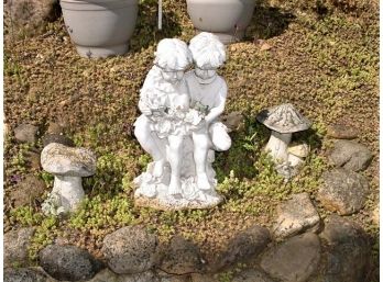 3 Pieces  Plaster Yard Art - Boy & Girl Figurine (17'H) And 2 Toadstools  (26)