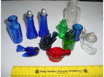 Colored Glass Lot: Cobalt Shakers, Owl Drug Bottle, Colored Salt Cellars, More  (22)