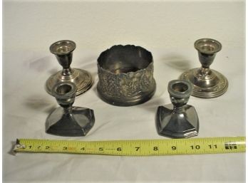 Pair Weighted Sterling Candle Holders, Pr Silver Plate Candle Holders, Decorated Metal Bowl  (399)