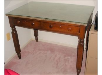 Walnut Marble Top Library Table  With Glass On Top Of Marble, Ca 1910  (43)