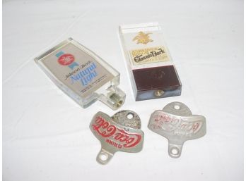 2 Antique Coca Cola Bottle Openers & 2  Beer Tap Handles  (99)