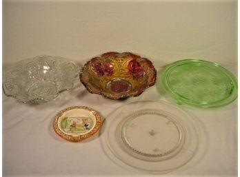 10' Green Sunflower Cake Plate, Goofus Glass Bowls, English Ashtray, Clear 10' Lazy Susan  (390)