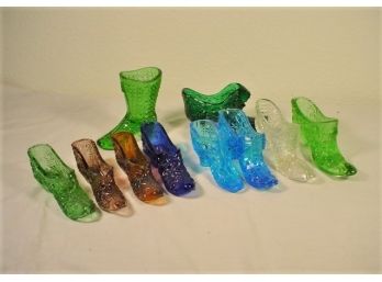 Group Of 10 Colored Pattern Glass Slippers  (394)