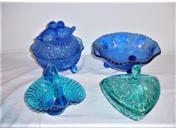 4 Pieces Blue Pattern Pressed Glass  (357)