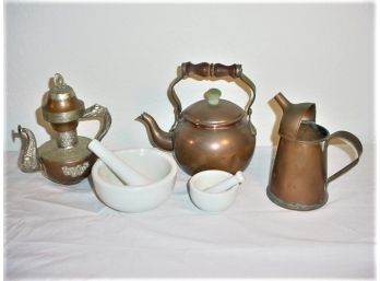 Copper Kettle, Oil Can, Tea Pot, Med  & Sm Porcelain Mortor & Pestle   (377)