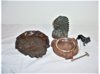 Composite Dish & Ashtray, Cast Iron  Indian Chief Bookend, Metal Bull Dog, Sees Candy Hammer  (376)
