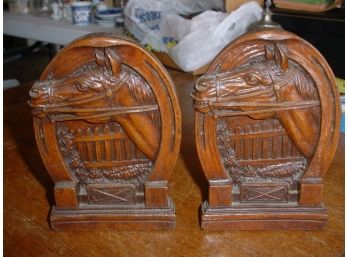 Pair Of Composite Equestrian Bookends W/ Horse Heads And Horse Shoes  (17)