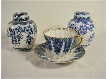 Blue/White Porcelain Cup & Saucer (USSR)m Pair Lidded Ginger Jars   (358)