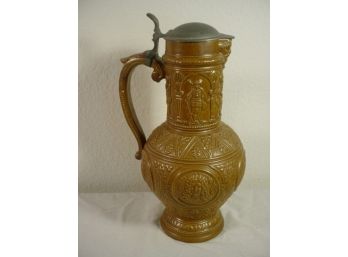 Embossed Ceramic  Pitcher With Pewter Lid, 13'H  (290)