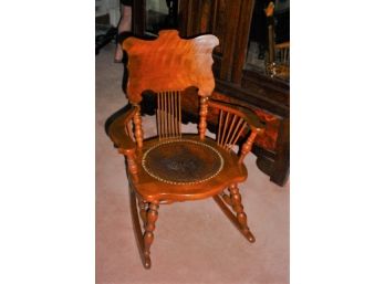 Antique Mahogany Rocking Arm Chair With Tooled Leather Seat, Ca 1890     (61)