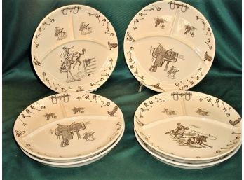 Vintage 6 Very Large Tepco 'Western Traveler' Decorated China Grill Plates, 13' Diameter, 3 Scenes   (235)