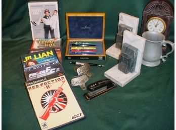 Vintage: Quartz Clock, Onyx Bookends, 6 DVDs & PlayStation 2, Pens, Coca Cola & Canada Dry Openers   (54)