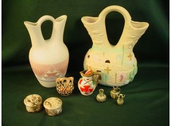 9 Pieces Pottery - 3 Wedding Vases, 2 Covered Jars, 3 Mini Vases, Mini Wedding Vase & Pitcher   (136)