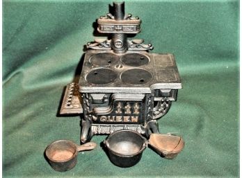 Antique 'Queen' Cast Iron Toy Kitchen Cook Stove With Accessories  (232)