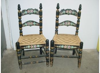 Pair Of Old Hitchcock Style Painted Chairs With Uncommon Woven Seats, Ca 1860  (160)