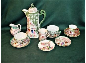 Vintage: Geisha Girl Porcelain Cocoa Pot & One Cup, 3 Cups & Saucers, 2 Plates, Creamer  (32)