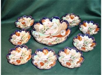 Vintage: 10' Geisha Girl Porcelain Berry Bowl & Eight 5.5' Bowls - Blue Edge    (30)