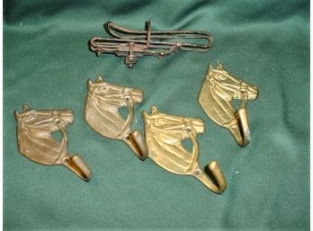 2 Pair Of Brass Horse Hooks & An Old Iron Buggy Whip Holder  (246)