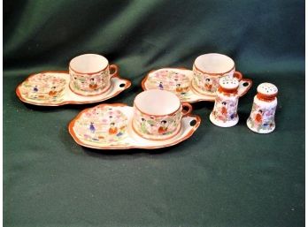 Vintage: 3 Geisha Girl Porcelain Luncheon Plates With Cups, Salt & Pepper Shakers (36)