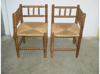 Antique Pair Of Spooled Corner Chairs With Rush Seats, Ca 1930,  27'H  (158)