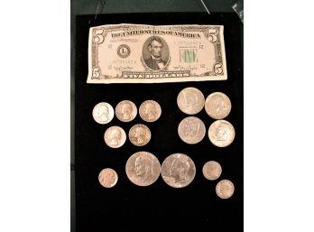 $5.00 Bill And Assorted US Coins  (64)