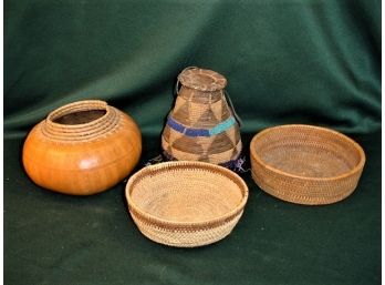 8' Gourd Bowl, 2 Baskets, 6.5' &  7' , Lidded Basket With Beads (as Is)   (23)