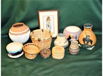 South West Group: Gourd Vase, 4 Baskets, 5 Pieces Pottery 5'x7' Framed Painted Feather  (137)