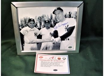Autographed 8'x 10' Yogi Berra & Joe DiMaggio Framed Color Photograph (broken Frame)  (83)