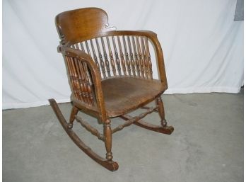 Antique American Oak Bentwood And Spindled Rocking Arm Chair With Solid Seat  (30)