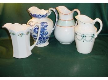 4 Large Antique Ceramic Pitchers, McCoy, Flo Blue, 8'-12'H   (158)
