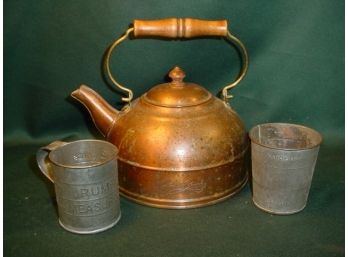 Antique Copper 'Paul Revere' Tea Kettle, Rumford & Vanduben Measuring Cups  (122)