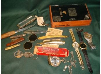 Misc Lot: 4  Watches, 3 Straight Razors, 4 Knives, Box & More  (172)