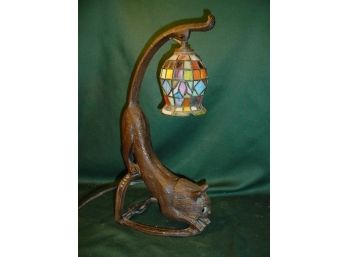 Pot Metal Cat Lamp With Stained Glass Shade, 16'H  (61)