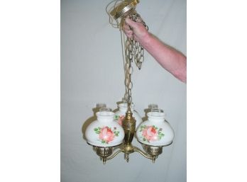 Hanging Brass Lamp With 3  Painted Glass Lites  (90)