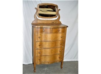 Antique Double Serpentine 2 Over 4 Drawer Oak Dresser With Mirror, 30'x 18'x 43' High  (43)