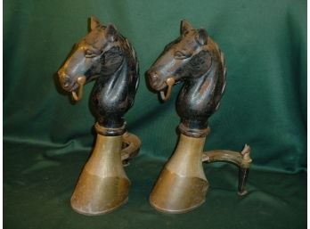 Antique Pair Of Heavy Cast Iron And Brass Horse Andirons, 17'H   (131)
