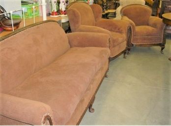 Carved Wood And Upholstered Parlor  Set With 3 Cushion Couch, Gents&Ladies Chairs    (191)