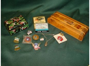 2 Boxes:   Enameled  Box With Assorted Advertising Pins, Inlaid Wood Box   (68)