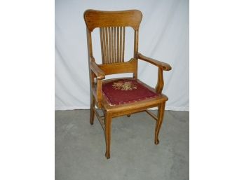 Antique American Oak Arm Chair With Needlepoint Upholstered Seat, 40' High  (37)