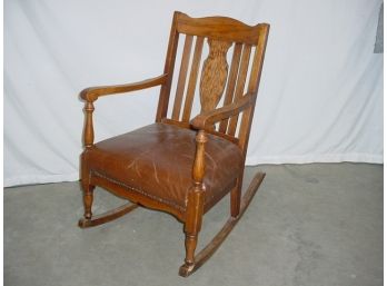 Antique Oak Arm Rocker With Leather Upholstered Seat, Circa  1910(29)