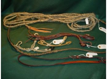 3 Rawhide Chin Straps, Bosal Hanger, Braided Rawhide Long Quirt, Horsehair Rein Mecate  (138)
