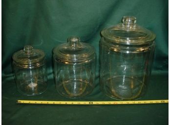 3 Lidded Glass Country Store  Jars, 5', 7' & 9' Diameter    (15)