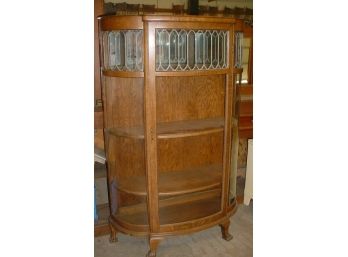 Antique American Oak Bow Front Leaded Glass China Cabinet With 3 Shelves, Ca.1890  (93)