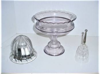 Antique Sun Turned Purple Glass Compote, 8'x 8',  String Holder- 5.5' At Base,  Glass Bell  (162)