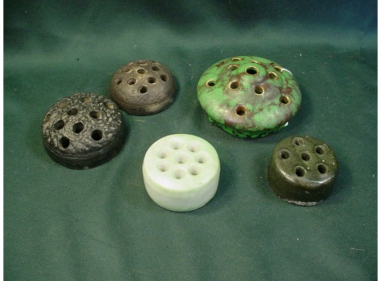 5 Antique Ceramic Flower Frogs/Holders - Green One Is Marked  Weller   (125)