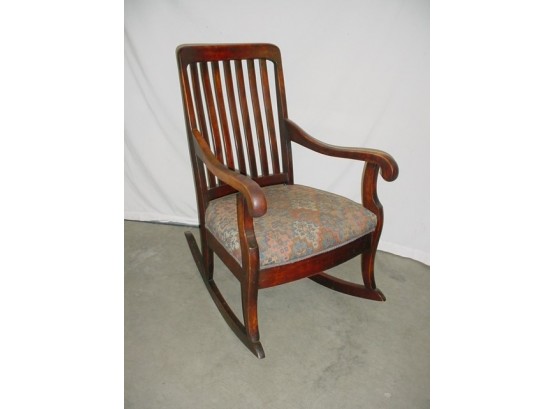 Antique Maple Slat Back, Upholstered Seat Rolled Arm Rocker, Ca 1900  (98)
