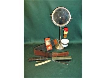 Antique Shaving Lot -Mirrired  Shaving Stand, Strop, 2 Straight Razors, Surrey Brush  (122)
