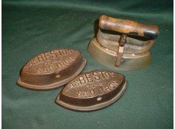 2 Asbestos Sad Irons And Wood Handled Holder, 72 A&B  (170)